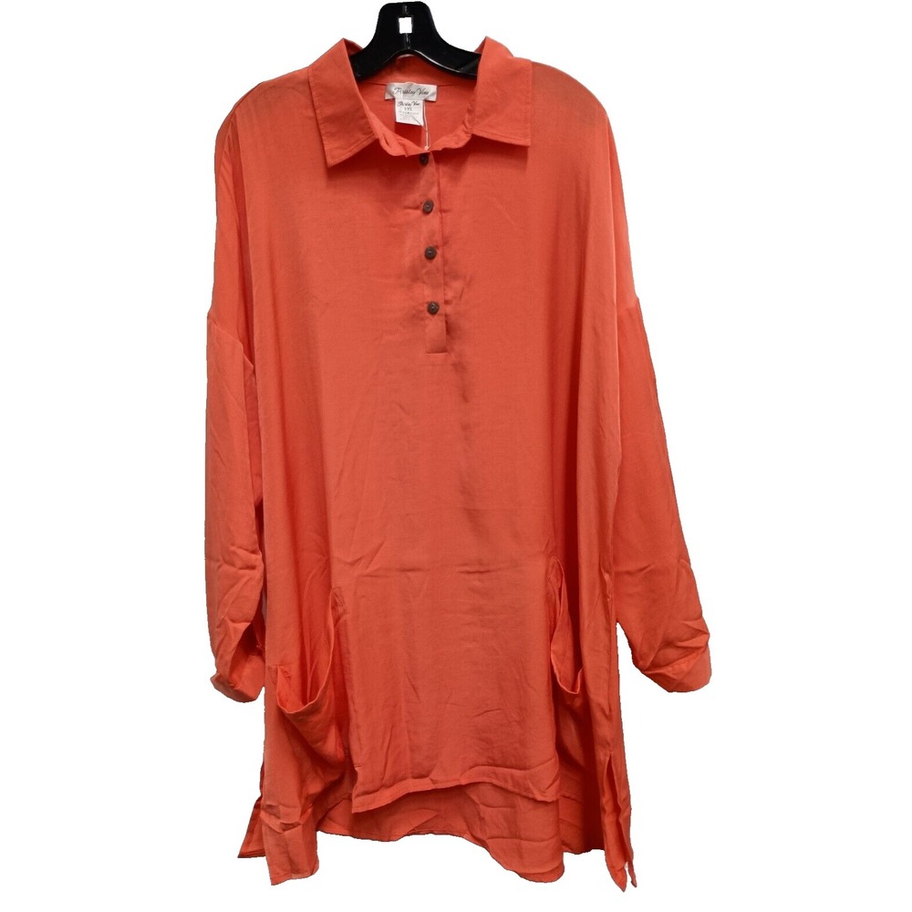 Paisley Vine BOHO Top Womens Sz 1X Coral 1/4 Button Lagenlook Long Sleeve Casual